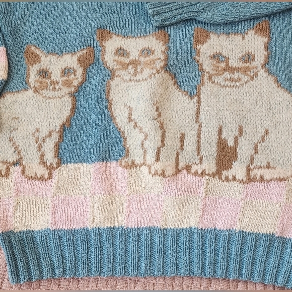 RARE VINTAGE 1980s BEREK Kitty Cat Pastel Sweater Hand Knitted - Picture 2 of 5